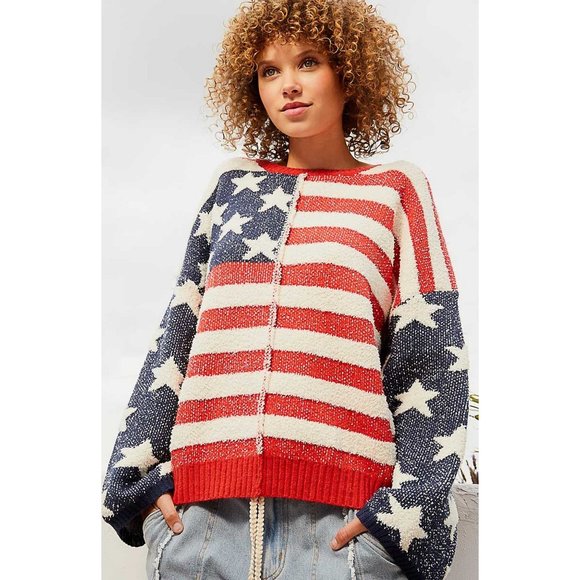 POL Red Blue Soft Stars Stripe Pattern Fleece Relaxed Fit Pullover Sweater - Picture 3 of 9